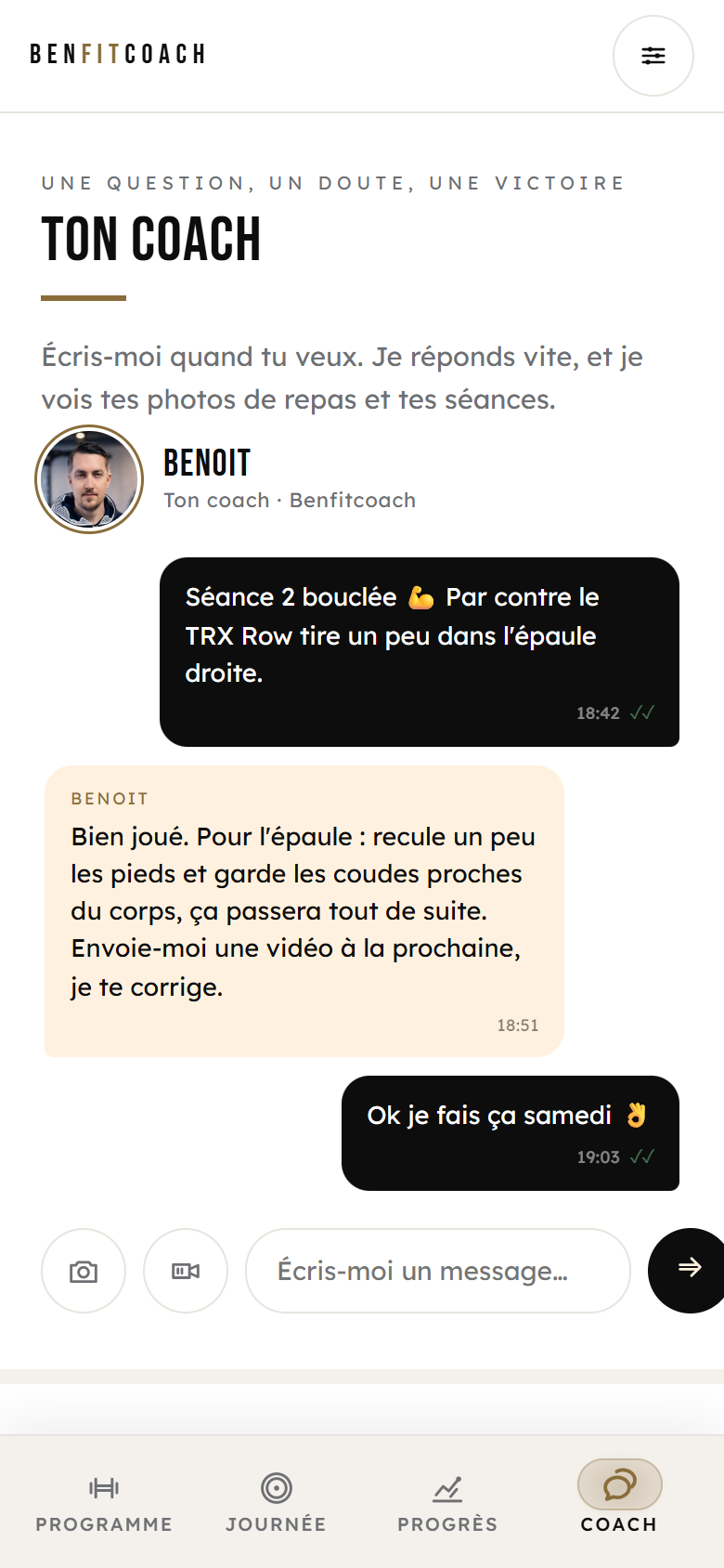 Écran Coach de l'app : la messagerie directe avec Benoit