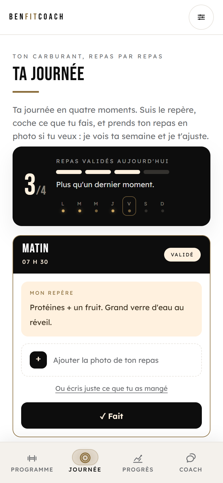 Écran Journée de l'app : les repères nutrition du quotidien, repas par repas, avec les consignes du coach