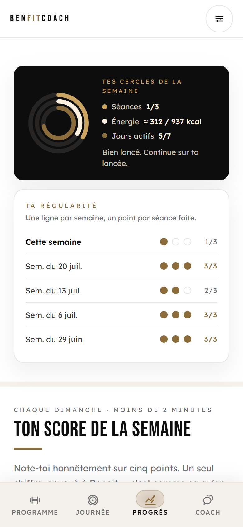 Écran Progrès de l'app : le score de la semaine envoyé à Benoit, avec le focus de la semaine et les auto-évaluations